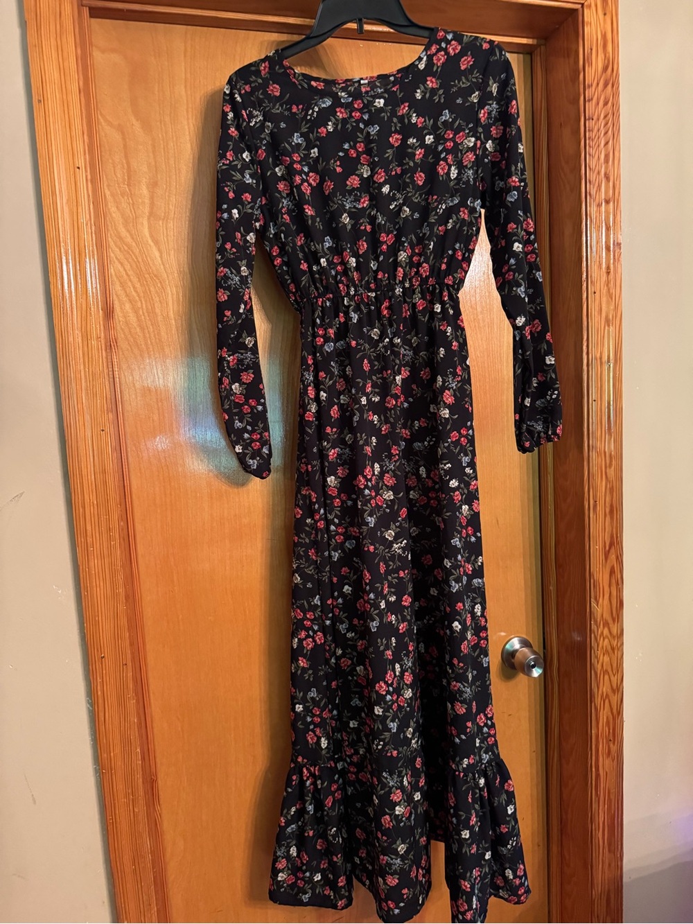 Black Floral Long Sleeve Maxi Dress with Red Rose Print